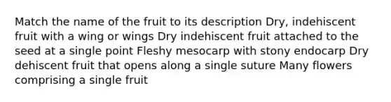 Match the name of the fruit to its description Dry, indehiscent fruit with a wing or wings Dry indehiscent fruit attached to the seed at a single point Fleshy mesocarp with stony endocarp Dry dehiscent fruit that opens along a single suture Many flowers comprising a single fruit