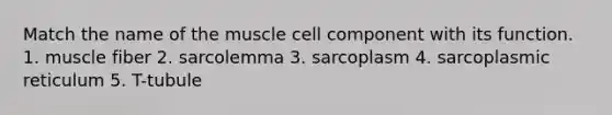 Match the name of the muscle cell component with its function. 1. muscle fiber 2. sarcolemma 3. sarcoplasm 4. sarcoplasmic reticulum 5. T-tubule