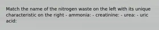 Match the name of the nitrogen waste on the left with its unique characteristic on the right - ammonia: - creatinine: - urea: - uric acid: