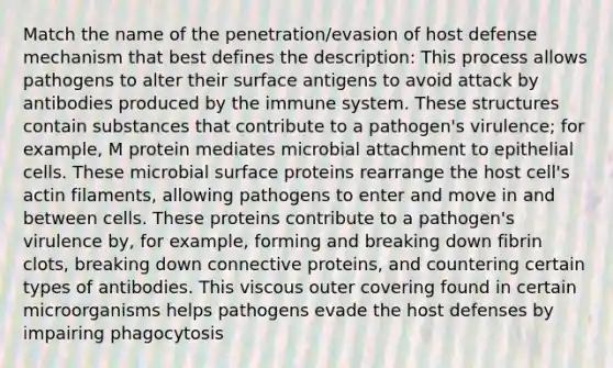 Match the name of the penetration/evasion of host defense mechanism that best defines the description: This process allows pathogens to alter their surface antigens to avoid attack by antibodies produced by the immune system. These structures contain substances that contribute to a pathogen's virulence; for example, M protein mediates microbial attachment to epithelial cells. These microbial surface proteins rearrange the host cell's actin filaments, allowing pathogens to enter and move in and between cells. These proteins contribute to a pathogen's virulence by, for example, forming and breaking down fibrin clots, breaking down connective proteins, and countering certain types of antibodies. This viscous outer covering found in certain microorganisms helps pathogens evade the host defenses by impairing phagocytosis