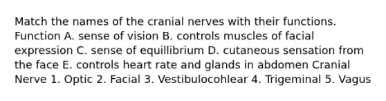 Match the names of the cranial nerves with their functions. Function A. sense of vision B. controls muscles of facial expression C. sense of equillibrium D. cutaneous sensation from the face E. controls heart rate and glands in abdomen Cranial Nerve 1. Optic 2. Facial 3. Vestibulocohlear 4. Trigeminal 5. Vagus