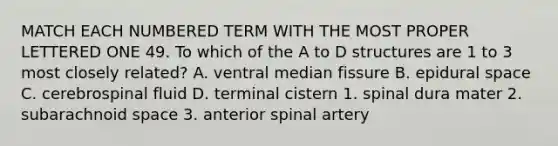 MATCH EACH NUMBERED TERM WITH THE MOST PROPER LETTERED ONE 49. To which of the A to D structures are 1 to 3 most closely related? A. ventral median fissure B. epidural space C. cerebrospinal fluid D. terminal cistern 1. spinal dura mater 2. subarachnoid space 3. anterior spinal artery