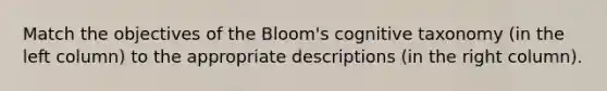 Match the objectives of the Bloom's cognitive taxonomy (in the left column) to the appropriate descriptions (in the right column).