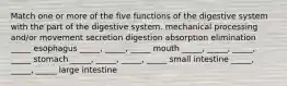 Match one or more of the five functions of the digestive system with the part of the digestive system. mechanical processing and/or movement secretion digestion absorption elimination _____ esophagus _____, _____, _____ mouth _____, _____, _____, _____ stomach _____, _____, _____, _____ small intestine _____, _____, _____ large intestine