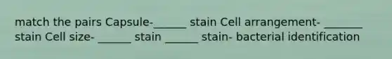 match the pairs Capsule-______ stain Cell arrangement- _______ stain Cell size- ______ stain ______ stain- bacterial identification