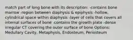 match part of long bone with its description: -contains bone marrow -region between diaphysis & epiphysis -hollow, cylindrical space within diaphysis -layer of cells that covers all internal surfaces of bone -contains the growth plate -dense irregular CT covering the outer surface of bone Options: Medullary Cavity, Metaphysis, Endosteum, Periosteum