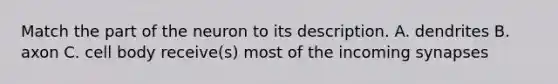 Match the part of the neuron to its description. A. dendrites B. axon C. cell body receive(s) most of the incoming synapses
