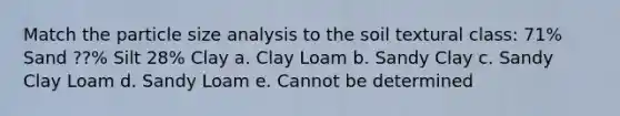 Match the particle size analysis to the soil textural class: 71% Sand ??% Silt 28% Clay a. Clay Loam b. Sandy Clay c. Sandy Clay Loam d. Sandy Loam e. Cannot be determined