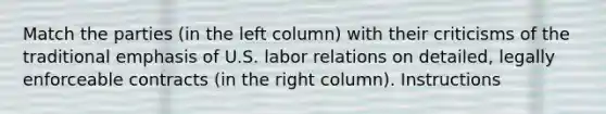 Match the parties (in the left column) with their criticisms of the traditional emphasis of U.S. labor relations on detailed, legally enforceable contracts (in the right column). Instructions