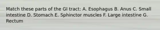 Match these parts of the GI tract: A. Esophagus B. Anus C. Small intestine D. Stomach E. Sphinctor muscles F. Large intestine G. Rectum