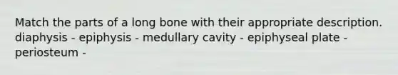 Match the parts of a long bone with their appropriate description. diaphysis - epiphysis - medullary cavity - epiphyseal plate - periosteum -