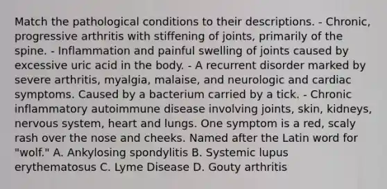 Match the pathological conditions to their descriptions. - Chronic, progressive arthritis with stiffening of joints, primarily of the spine. - Inflammation and painful swelling of joints caused by excessive uric acid in the body. - A recurrent disorder marked by severe arthritis, myalgia, malaise, and neurologic and cardiac symptoms. Caused by a bacterium carried by a tick. - Chronic inflammatory autoimmune disease involving joints, skin, kidneys, <a href='https://www.questionai.com/knowledge/kThdVqrsqy-nervous-system' class='anchor-knowledge'>nervous system</a>, heart and lungs. One symptom is a red, scaly rash over the nose and cheeks. Named after the Latin word for "wolf." A. Ankylosing spondylitis B. Systemic lupus erythematosus C. Lyme Disease D. Gouty arthritis