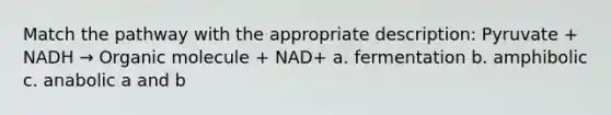 Match the pathway with the appropriate description: Pyruvate + NADH → Organic molecule + NAD+ a. fermentation b. amphibolic c. anabolic a and b