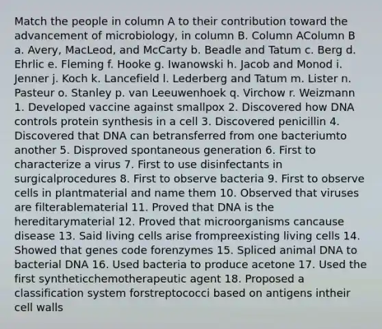 Match the people in column A to their contribution toward the advancement of microbiology, in column B. Column AColumn B a. Avery, MacLeod, and McCarty b. Beadle and Tatum c. Berg d. Ehrlic e. Fleming f. Hooke g. Iwanowski h. Jacob and Monod i. Jenner j. Koch k. Lancefield l. Lederberg and Tatum m. Lister n. Pasteur o. Stanley p. van Leeuwenhoek q. Virchow r. Weizmann 1. Developed vaccine against smallpox 2. Discovered how DNA controls protein synthesis in a cell 3. Discovered penicillin 4. Discovered that DNA can betransferred from one bacteriumto another 5. Disproved spontaneous generation 6. First to characterize a virus 7. First to use disinfectants in surgicalprocedures 8. First to observe bacteria 9. First to observe cells in plantmaterial and name them 10. Observed that viruses are filterablematerial 11. Proved that DNA is the hereditarymaterial 12. Proved that microorganisms cancause disease 13. Said living cells arise frompreexisting living cells 14. Showed that genes code forenzymes 15. Spliced animal DNA to bacterial DNA 16. Used bacteria to produce acetone 17. Used the first syntheticchemotherapeutic agent 18. Proposed a classification system forstreptococci based on antigens intheir cell walls