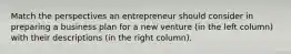 Match the perspectives an entrepreneur should consider in preparing a business plan for a new venture (in the left column) with their descriptions (in the right column).