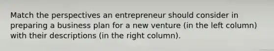 Match the perspectives an entrepreneur should consider in preparing a business plan for a new venture (in the left column) with their descriptions (in the right column).