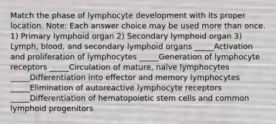 Match the phase of lymphocyte development with its proper location. Note: Each answer choice may be used more than once. 1) Primary lymphoid organ 2) Secondary lymphoid organ 3) Lymph, blood, and secondary lymphoid organs _____Activation and proliferation of lymphocytes _____Generation of lymphocyte receptors _____Circulation of mature, naïve lymphocytes _____Differentiation into effector and memory lymphocytes _____Elimination of autoreactive lymphocyte receptors _____Differentiation of hematopoietic stem cells and common lymphoid progenitors