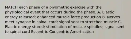 MATCH each phase of a plyometric exercise with the physiological event that occurs during the phase. A. Elastic energy released; enhanced muscle force production B. Nerves meet synapse in spinal cord; signal sent to stretched muscle C. Elastic energy stored; stimulation of muscle spindles; signal sent to spinal cord Eccentric Concentric Amortization