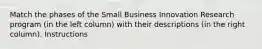 Match the phases of the Small Business Innovation Research program (in the left column) with their descriptions (in the right column). Instructions