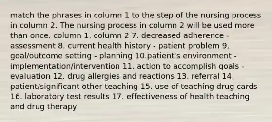 match the phrases in column 1 to the step of the nursing process in column 2. The nursing process in column 2 will be used more than once. column 1. column 2 7. decreased adherence - assessment 8. current health history - patient problem 9. goal/outcome setting - planning 10.patient's environment -implementation/intervention 11. action to accomplish goals - evaluation 12. drug allergies and reactions 13. referral 14. patient/significant other teaching 15. use of teaching drug cards 16. laboratory test results 17. effectiveness of health teaching and drug therapy