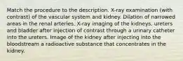 Match the procedure to the description. X-ray examination (with contrast) of the vascular system and kidney. Dilation of narrowed areas in the renal arteries. X-ray imaging of the kidneys, ureters and bladder after injection of contrast through a urinary catheter into the ureters. Image of the kidney after injecting into the bloodstream a radioactive substance that concentrates in the kidney.