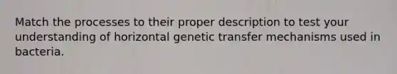 Match the processes to their proper description to test your understanding of horizontal genetic transfer mechanisms used in bacteria.