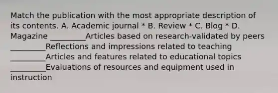 Match the publication with the most appropriate description of its contents. A. Academic journal * B. Review * C. Blog * D. Magazine _________Articles based on research-validated by peers _________Reflections and impressions related to teaching _________Articles and features related to educational topics _________Evaluations of resources and equipment used in instruction