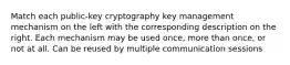 Match each public-key cryptography key management mechanism on the left with the corresponding description on the right. Each mechanism may be used once, more than once, or not at all. Can be reused by multiple communication sessions