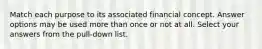 Match each purpose to its associated financial concept. Answer options may be used more than once or not at all. Select your answers from the pull-down list.