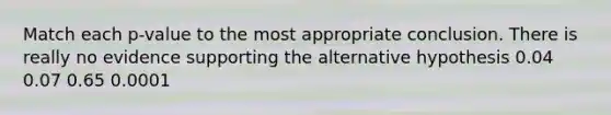 Match each p-value to the most appropriate conclusion. There is really no evidence supporting the alternative hypothesis 0.04 0.07 0.65 0.0001