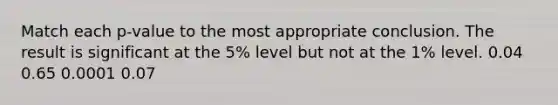 Match each p-value to the most appropriate conclusion. The result is significant at the 5% level but not at the 1% level. 0.04 0.65 0.0001 0.07