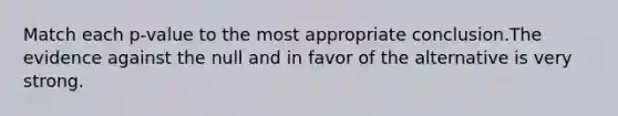 Match each p-value to the most appropriate conclusion.The evidence against the null and in favor of the alternative is very strong.