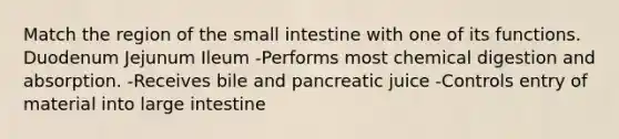 Match the region of the small intestine with one of its functions. Duodenum Jejunum Ileum -Performs most chemical digestion and absorption. -Receives bile and pancreatic juice -Controls entry of material into large intestine