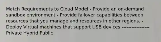 Match Requirements to Cloud Model - Provide an on-demand sandbox environment - Provide failover capabilities between resources that you manage and resources in other regions. - Deploy Virtual machines that support USB devices ----------------- Private Hybrid Public