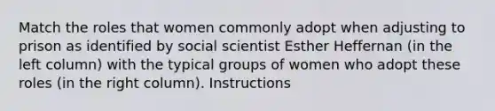 Match the roles that women commonly adopt when adjusting to prison as identified by social scientist Esther Heffernan (in the left column) with the typical groups of women who adopt these roles (in the right column). Instructions