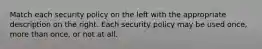 Match each security policy on the left with the appropriate description on the right. Each security policy may be used once, more than once, or not at all.