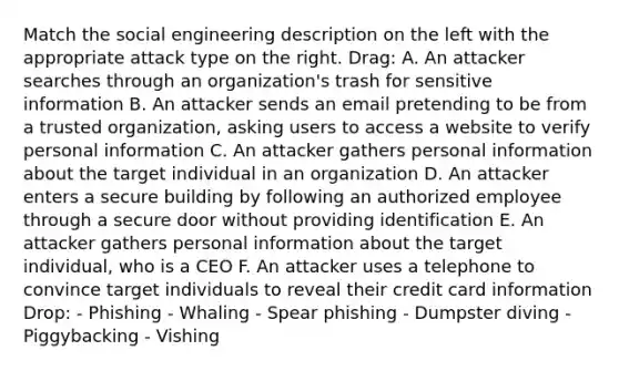 Match the social engineering description on the left with the appropriate attack type on the right. Drag: A. An attacker searches through an organization's trash for sensitive information B. An attacker sends an email pretending to be from a trusted organization, asking users to access a website to verify personal information C. An attacker gathers personal information about the target individual in an organization D. An attacker enters a secure building by following an authorized employee through a secure door without providing identification E. An attacker gathers personal information about the target individual, who is a CEO F. An attacker uses a telephone to convince target individuals to reveal their credit card information Drop: - Phishing - Whaling - Spear phishing - Dumpster diving - Piggybacking - Vishing