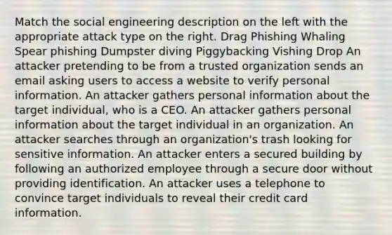 Match the social engineering description on the left with the appropriate attack type on the right. Drag Phishing Whaling Spear phishing Dumpster diving Piggybacking Vishing Drop An attacker pretending to be from a trusted organization sends an email asking users to access a website to verify personal information. An attacker gathers personal information about the target individual, who is a CEO. An attacker gathers personal information about the target individual in an organization. An attacker searches through an organization's trash looking for sensitive information. An attacker enters a secured building by following an authorized employee through a secure door without providing identification. An attacker uses a telephone to convince target individuals to reveal their credit card information.