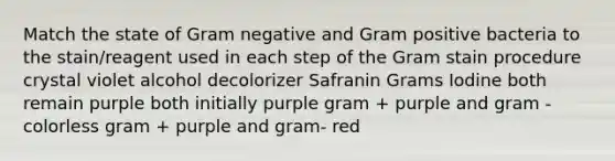 Match the state of Gram negative and Gram positive bacteria to the stain/reagent used in each step of the Gram stain procedure crystal violet alcohol decolorizer Safranin Grams Iodine both remain purple both initially purple gram + purple and gram - colorless gram + purple and gram- red ​