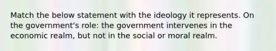 Match the below statement with the ideology it represents. On the government's role: the government intervenes in the economic realm, but not in the social or moral realm.