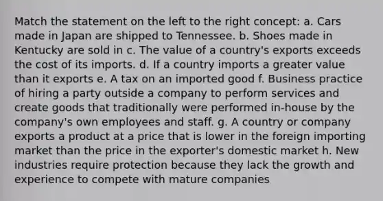 Match the statement on the left to the right concept: a. Cars made in Japan are shipped to Tennessee. b. Shoes made in Kentucky are sold in c. The value of a country's exports exceeds the cost of its imports. d. If a country imports a greater value than it exports e. A tax on an imported good f. Business practice of hiring a party outside a company to perform services and create goods that traditionally were performed in-house by the company's own employees and staff. g. A country or company exports a product at a price that is lower in the foreign importing market than the price in the exporter's domestic market h. New industries require protection because they lack the growth and experience to compete with mature companies