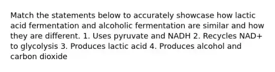 Match the statements below to accurately showcase how lactic acid fermentation and alcoholic fermentation are similar and how they are different. 1. Uses pyruvate and NADH 2. Recycles NAD+ to glycolysis 3. Produces lactic acid 4. Produces alcohol and carbon dioxide