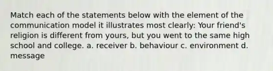 Match each of the statements below with the element of the communication model it illustrates most clearly: Your friend's religion is different from yours, but you went to the same high school and college. a. receiver b. behaviour c. environment d. message