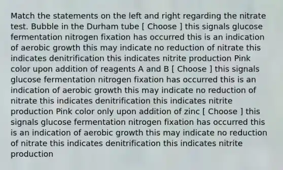 Match the statements on the left and right regarding the nitrate test. Bubble in the Durham tube [ Choose ] this signals glucose fermentation nitrogen fixation has occurred this is an indication of aerobic growth this may indicate no reduction of nitrate this indicates denitrification this indicates nitrite production Pink color upon addition of reagents A and B [ Choose ] this signals glucose fermentation nitrogen fixation has occurred this is an indication of aerobic growth this may indicate no reduction of nitrate this indicates denitrification this indicates nitrite production Pink color only upon addition of zinc [ Choose ] this signals glucose fermentation nitrogen fixation has occurred this is an indication of aerobic growth this may indicate no reduction of nitrate this indicates denitrification this indicates nitrite production