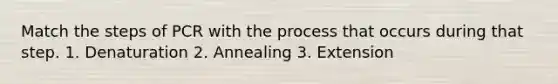 Match the steps of PCR with the process that occurs during that step. 1. Denaturation 2. Annealing 3. Extension