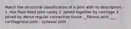 Match the structural classification of a joint with its description. - 1. Has fluid-filled joint cavity 2. joined together by cartilage 3. joined by dense regular connective tissue __fibrous joint ___ cartilaginous joint - synovial joint