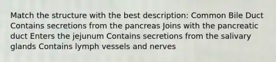 Match the structure with the best description: Common Bile Duct Contains secretions from the pancreas Joins with the pancreatic duct Enters the jejunum Contains secretions from the salivary glands Contains lymph vessels and nerves