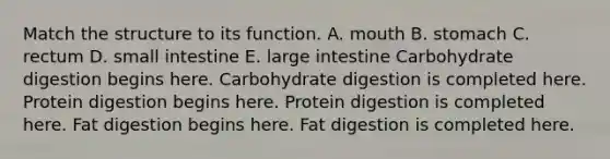 Match the structure to its function. A. mouth B. stomach C. rectum D. small intestine E. large intestine Carbohydrate digestion begins here. Carbohydrate digestion is completed here. Protein digestion begins here. Protein digestion is completed here. Fat digestion begins here. Fat digestion is completed here.