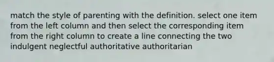 match the style of parenting with the definition. select one item from the left column and then select the corresponding item from the right column to create a line connecting the two indulgent neglectful authoritative authoritarian