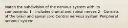 Match the subdivision of the nervous system with its components: 1 - Includes cranial and spinal nerves 2 - Consists of the brain and spinal cord Central nervous system Peripheral nervous system